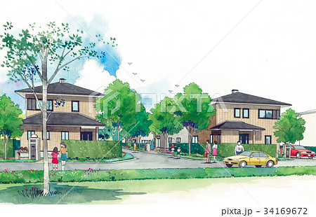 まちなみのスケッチ 住宅街 街並み 街並みイメージ 家族 女性 まちなみのスケッチ 住宅街 街並み 街並みイメージ 家族 女性 34169672