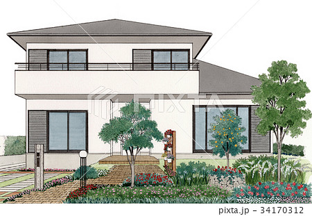 住宅立面図　住まいのスケッチ画 34170312