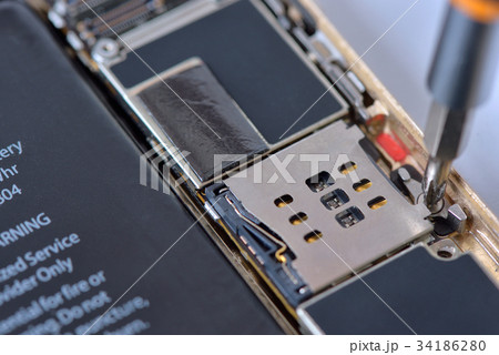 Closeup used smartphone repair with screwdriver Closeup used smartphone repair with screwdriver 34186280