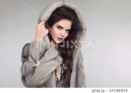 Fashion woman in mink fur coat, lady portrait 34186834