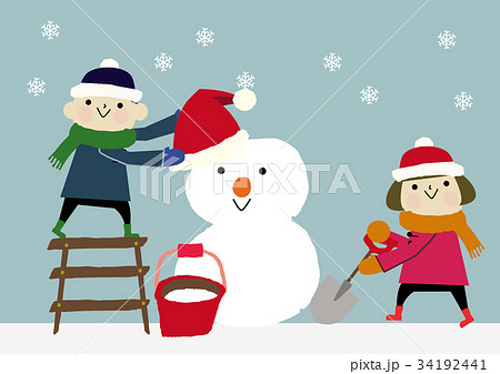 冬のイメージ 子供と雪だるまのイラスト素材