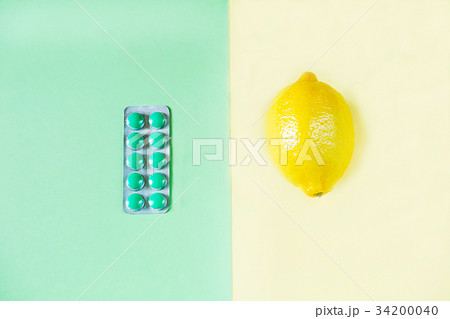 Flat lay of flu therapy. Opposition of traditional and science treatment. 34200040