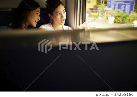 A girl is pointing at something out of the train for her friend. A girl is pointing at something out of the train for her friend. 34205160