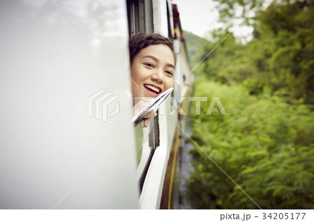 An Asian girl is feeling interested when looking at something from the train. 34205177