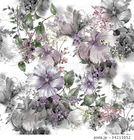 Watercolor painting of leaf and flowers, pattern 34213052