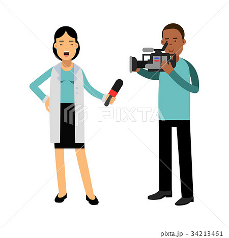 Female Reporter And Cameraman Operator Charactersのイラスト素材