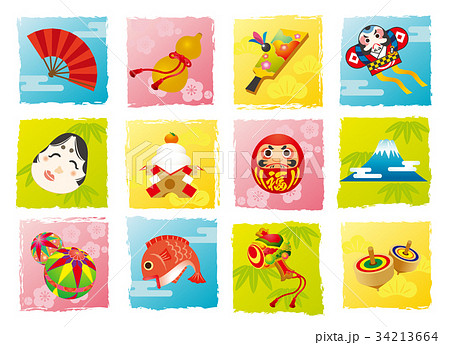 背景付きお正月小物イラスト 12個横並び のイラスト素材