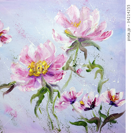 Hand painted modern style Pink peonies flowers. Hand painted modern style Pink peonies flowers. 34214255