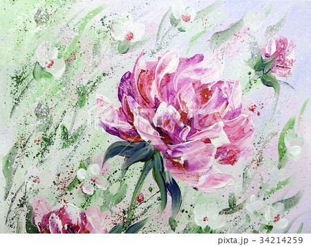 Hand painted modern style Pink peonies flowers. 34214259