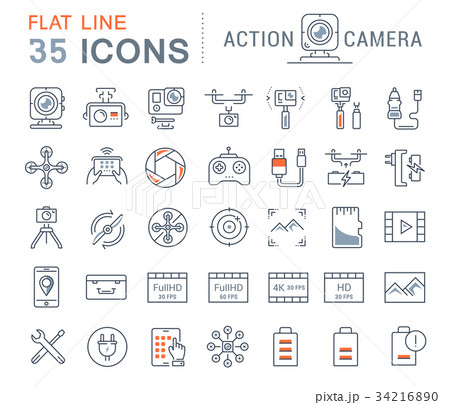 Set Vector Flat Line Icons Action Camera Set Vector Flat Line Icons Action Camera 34216890