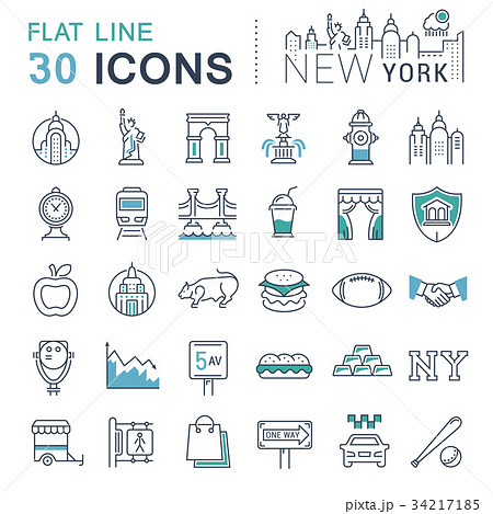 Set Vector Flat Line Icons New Yorkのイラスト素材