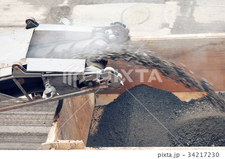 Road works. Asphalt removing machine loading Road works. Asphalt removing machine loading 34217230