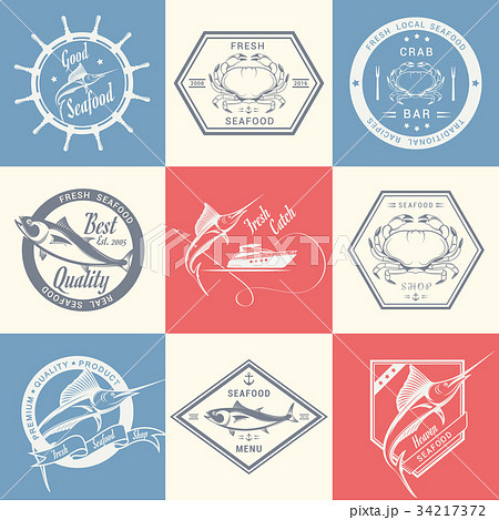 Vector Set of Seafood Labels and Signs 34217372