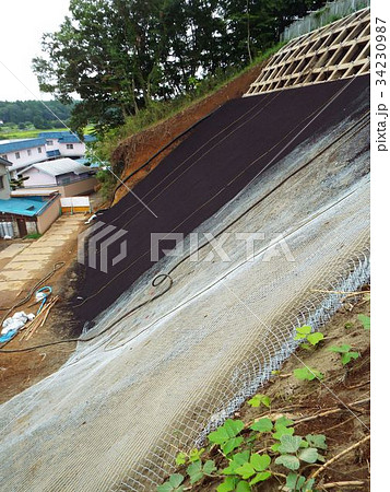 法面緑化のためにネットの上に生育基盤材を吹き付けます 法面緑化のためにネットの上に生育基盤材を吹き付けます 34230987