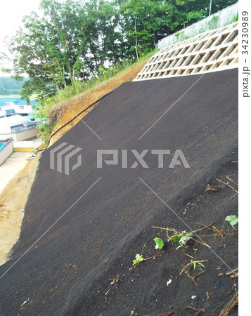 法面緑化のためにネットの上に生育基盤材を吹き付けます 法面緑化のためにネットの上に生育基盤材を吹き付けます 34230989