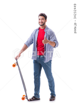 Young skateboarder with a longboard skateboard Young skateboarder with a longboard skateboard 34232449