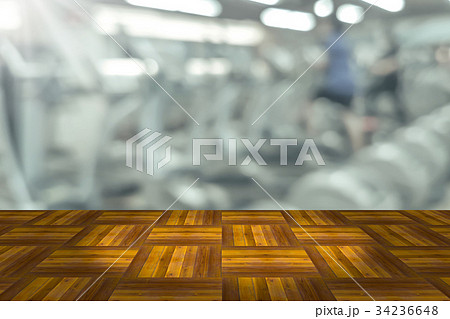 wooden board space platform with blur fitness gym  34236648