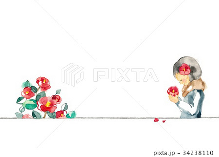 椿と女の子 横構図のイラスト素材 34238110 Pixta