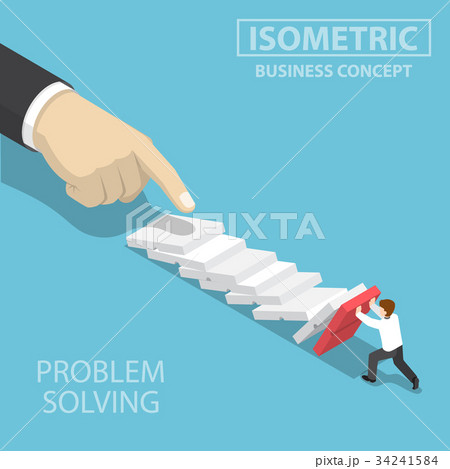Businessman trying to stop falling domino. 34241584