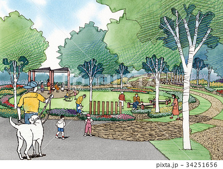 愛犬と散歩する少年　街並み　街並みイメージ　家族　女性 34251656