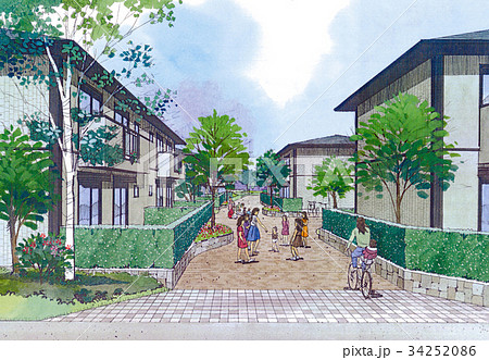 まちかどのスケッチ　隣近所　子供たち　まちなみ　街並みイメージ　家族 34252086