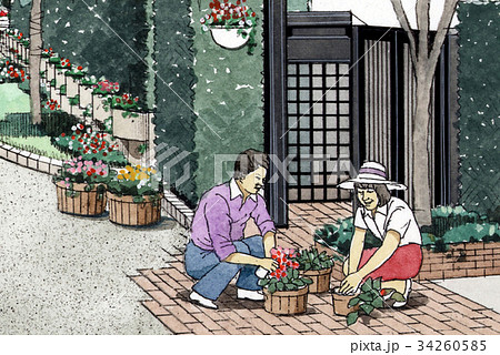 花の手入れをする夫婦 まちなみ 街並みイメージ 家族 女性 ガーデニングのイラスト素材