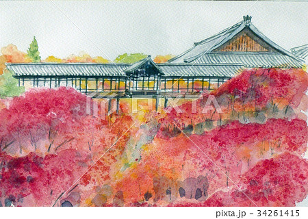 東福寺の紅葉 手書きスケッチのイラスト素材