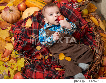 autumn season, child boy lie on yellow fall leaves autumn season, child boy lie on yellow fall leaves 34267552
