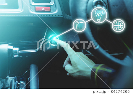 finger pressing the start/stop engine button 34274206