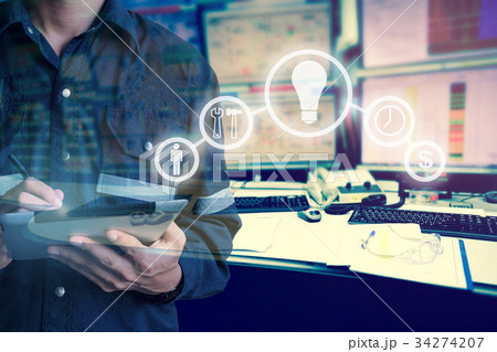 Double exposure of Engineer or Technician man  34274207