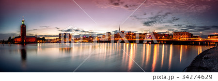 Stockholm sunset skyline panorama with City Hall 34274629