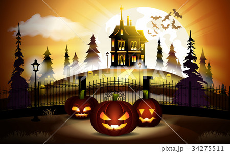 Halloween pumpkins and dark castle on orange Moon Halloween pumpkins and dark castle on orange Moon 34275511