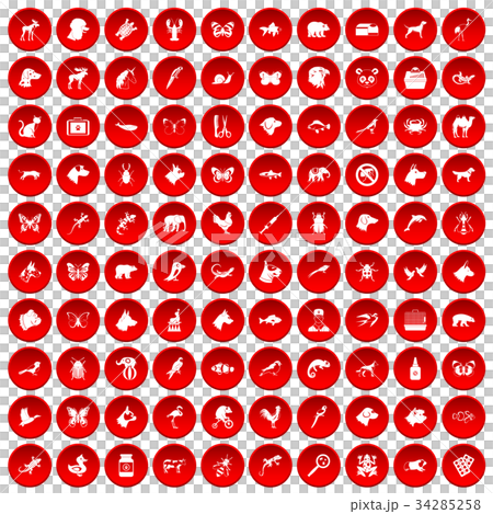 100 animals icons set red 34285258
