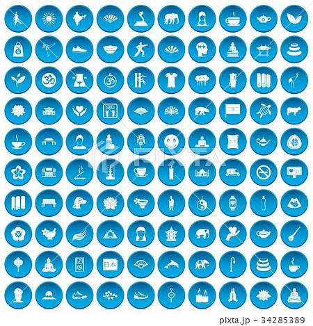 100 yoga icons set blue 34285389
