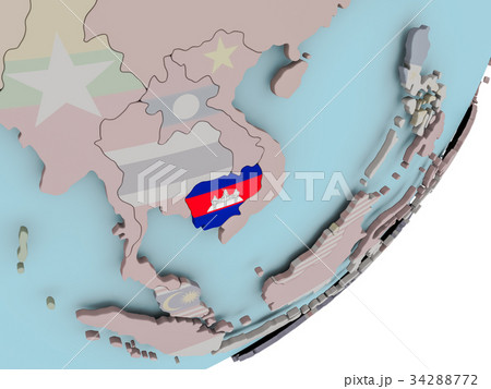 Cambodia on globe with flags 34288772