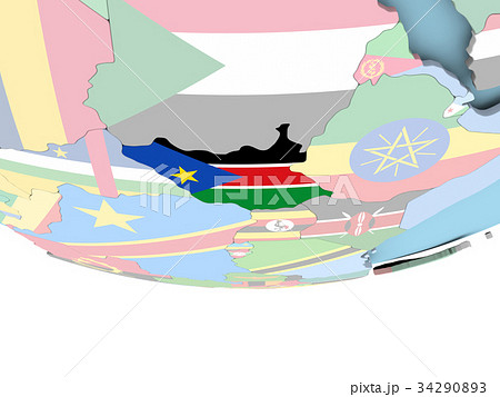 Map of South Sudan with flag on globe Map of South Sudan with flag on globe 34290893