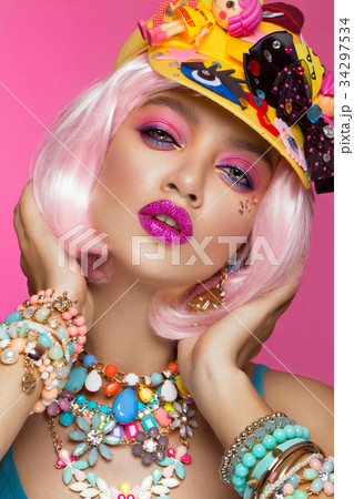 Funny comic girl with bright make-up in the style Funny comic girl with bright make-up in the style 34297534