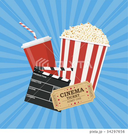 clapperboard and popcorn and ticket movie 34297656