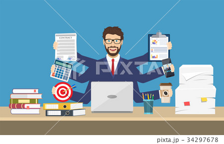 Happy businessman with many hands 34297678
