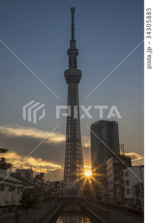夕景・夕陽とスカイツリーを十間橋から望む 夕景・夕陽とスカイツリーを十間橋から望む 34305885