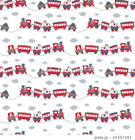 Seamless pattern with cute toy trains. Seamless pattern with cute toy trains. 34307391