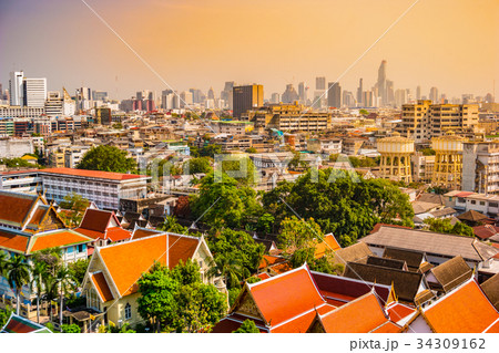 Aerial view of Bangkok monastery and modern office Aerial view of Bangkok monastery and modern office 34309162