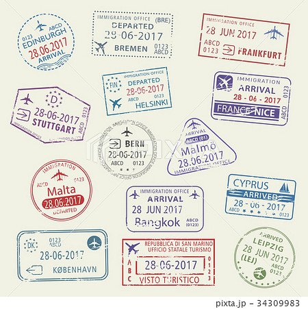 Vector icons of city passport stamps world travel 34309983