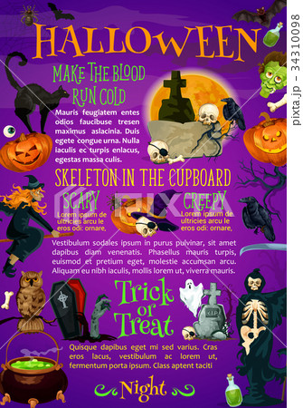 Halloween pumpkin, witch hat and bat poster design 34310098