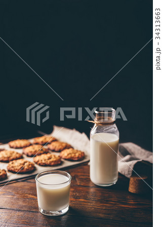 Glass of Milk and Oatmeal Cookies. Glass of Milk and Oatmeal Cookies. 34313663