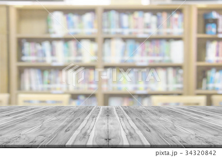 wooden board space platform with library blur  34320842