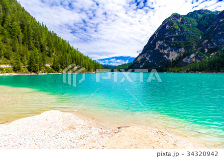 Braies lake in a cloudy day, South Tyrol Braies lake in a cloudy day, South Tyrol 34320942