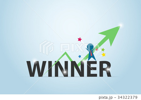 businessman standing on winner word with arrow 34322379