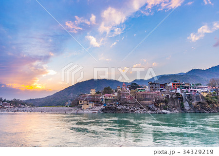 Dusk time at Rishikesh, holy town in India. Dusk time at Rishikesh, holy town in India. 34329219