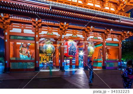 東京　浅草　浅草寺　宝蔵門の夜景 34332225